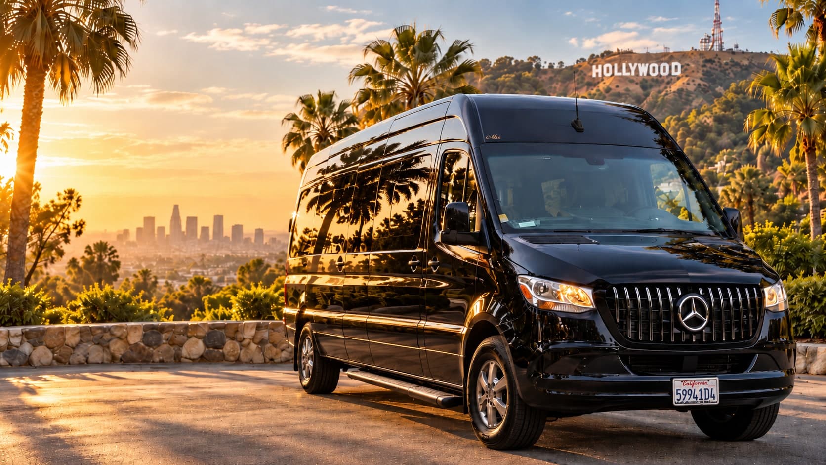 The black Mercedes-Benz Sprinter of Legends Of Hollywood Tours, the van named Mae, parked at a viewpoint at golden hour, the Hollywood Sign, palm trees and the Los Angeles skyline behind it